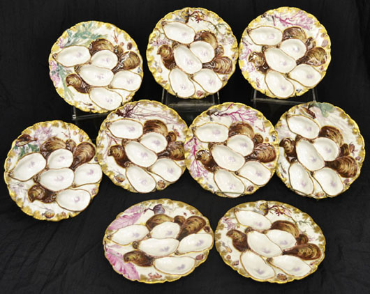 Nine Haviland & Co. Limoges turkey oyster plates. Stephenson's Auctioneers image